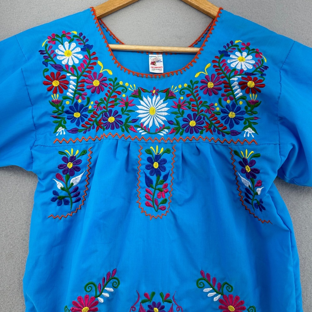VTG Oaxacan Mexican Dress Mayan Hand Embroidered Floral Blue SZ XS Fiesta Boho